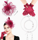 Fascinators Hat For Women Veil Mesh Bow Satin Gloves Pearl Jewelry Set Dry Clean