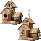 2 Pack Hanging Birdhouse 3 Hole Wooden Bird House For Outdoor Bluebird Chickadee
