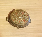Vintage Gold Tone Ornate Flowers Roses Oval Lined Footed Jewelry Trinket Box