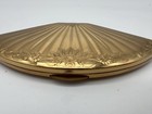 Vintage Melissa Fan Shaped Powder Compact Gold Tone Floral Engraved Mirror