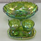 Carnival Bowl Creamer Sugar Tray Set Green Iridescent Grape Pattern Carnival