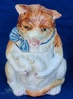 2 Antique Cat Holding Fish   One Clutching  Rats Majolica Humidor Tobacco Jars 