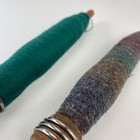 Vintage Wood Spool Textile Mill Thread Bobbin Lot 2 Spindle Blue Green Gray Yarn