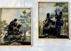 Vintage Convex Reverse Silhouette Paint Picture Courting Couple W bird 4x5  Set 