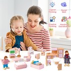 26 Pcs Pretend Play Wooden Dollhouse Furniture Set With 4 Family Dolls