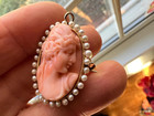 Antique Art Nouveau Coral Cameo High Relief 14 K Natural Pearls Goddess Psyche