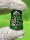 Antique West German Green Ribbed Glass Thimble With Sterling Silver Overlay