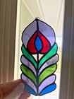 Vintage Handmade Peacock Feather Stained Glass Suncatcher Green Blue Purple