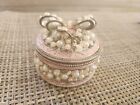 Trinket Box Vintage Metal   Glossy Pearl Enamel Hinged Wrapped In Faux Pearl Bow