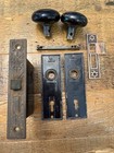 Antique Door Set Victorian   Eastlake Backplate Knob Mortise Lock Black Knobs
