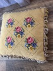 Vtg Cross Stitch Pillow 13x13 Floral Rose Design Gold Base W  Silk Tassel Fringe