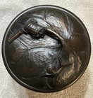 Wooden Japanese Carved Round Box Turtle And Snail On Lid Early 1900s