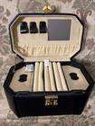 Vintage Octagon Travel Cosmetic Train Case Black 9x6x6 W  Mirror Keys New In Box