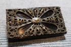 Large Antique Bakelite Metal Rectangle Button Pierced Filigree Fancy Design