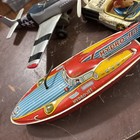 Lot Of 3 Vintage Tin Toys -boat-highway Patrol And Airplane