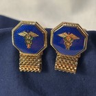 Vtg Caduceus Cufflinks Wrap Around Mesh Toggle Style Blue Enamel   Gold Tone