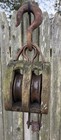 Antique Wood Double Pulley Block W  Iron Hook 14    Barn Farm Nautical Rustic Tool