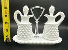Fenton Hobnail Cruet Set White Milk Glass With Stoppers And Handled Stand 5 Pc