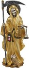 Standing Santa Muerte Holding Scythe And Scales Of Justice In Gold Robe Statue