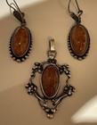 Vintage Set 925 Sterling Silver Amber Earrings And Pendant