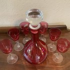 Vintage Floral Etched Cranberry Glass Wine Decanter Carafe Stopper   6 Glasses