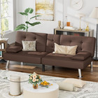 Futon Sofa Bed Leather Couch Recliner With Removable Armrests Cup Holders Brown