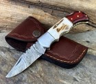 Handmade Damascus Steel Folding Knife Stag Horn   Wood Handle W  Sheath