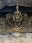 Vintage Victorian Gold Brass Fireplace Screen Cover Peacock Fan Folding 27 x 37 