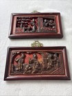 Pair Of Antique Chinese Gilt Wood Relief Panels Red Lacquer Late Qing Dynasty