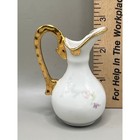 Miniature Porcelain Floral Pitcher White Pink Rose Gold Trim Textured Handle 3in