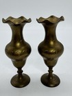 Vintage Solid Brass Bud Vase Pair Etched India 561 Scalloped Rim Boho Decor Set