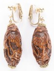 Vintage Chinese Hand Carved Hediao Nut Pit Pair Clip On Earrings Gold Plated Old
