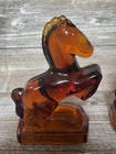 Vintage Le Smith Heavy Amber Glass Rearing Horse Bookends Art Deco