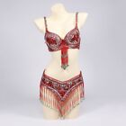 Women Sequins Beaded Tassel Belly Dance Costume Bra belt 2pcs Dancing Outfits