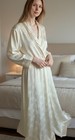 Vtg Miss Dior Cream Floral Jacquard Wrap Robe Lace Trim Hollywood Glam Tall M