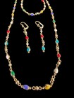 Dainty Gold Tone Metal   Multicolor Enamel Necklace Bracelet Earrings Set