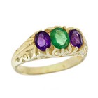 9k Yellow Gold Natural Emerald And Amethyst Vintage Style Three Stones Ring