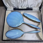 Vintage Art Deco Guilloche Blue Enamel Mirror And Brush Set Dressing Vanity Set