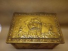 Vintage Embossed Brass Sailing Ships Repousse Fireplace Coal Tinder Storage Box