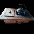 Vintage Japanese Cast Iron Kettle Tetsubin With Wooden Hibachi Brazier Drawer
