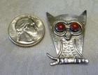 Vintage Owl Pin Brooch Sterling Silver Red Coral Eyes Artist Signed Southwestern
