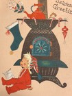 Unused Vintage Hallmark Christmas Card Santa Child Pot Belly Stove Teapot