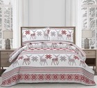 King Size Christmas Quilt Set With Deer Snowflake Pattern  Reversible Bedding