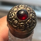 Antique Perfume Bottle Cut Glass   Sterling Silver Top W  Red Jewel Victorian