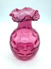 Fenton Cranberry Vase Art Glass Coin Dot Ruffled Top Thumbprint 7  Tall X 4 3 4 