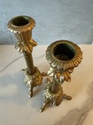 Vintage Pair Cast Metal   Brass Tri Footed Ornate Candlestick Holders