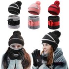 4pcs Set Winter Warm Knit Beanie Hat Scarf Touch Screen Gloves For Women Men
