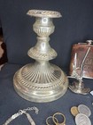 Junk Drawer Lot Silver Plated Candlestick  Flask  Custom Jewelry  Coins  Knife