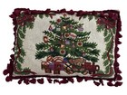 Needlepoint Style Christmas Tree Pillows Tapestry Burgundy Red Tassels Set Of 2