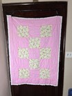 Vtg Handcrafted Baby Crib Quilt Nursery Pink Large Check Pom Pom 35x38 Read